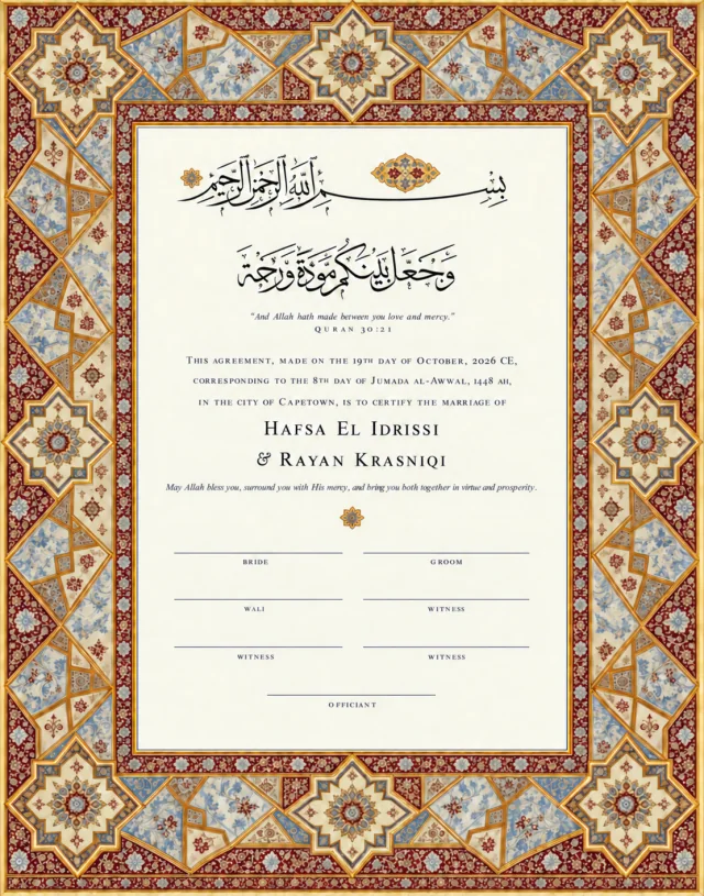The Royal Mosaic personalised printed nikah certificate with illuminated Islamic art border