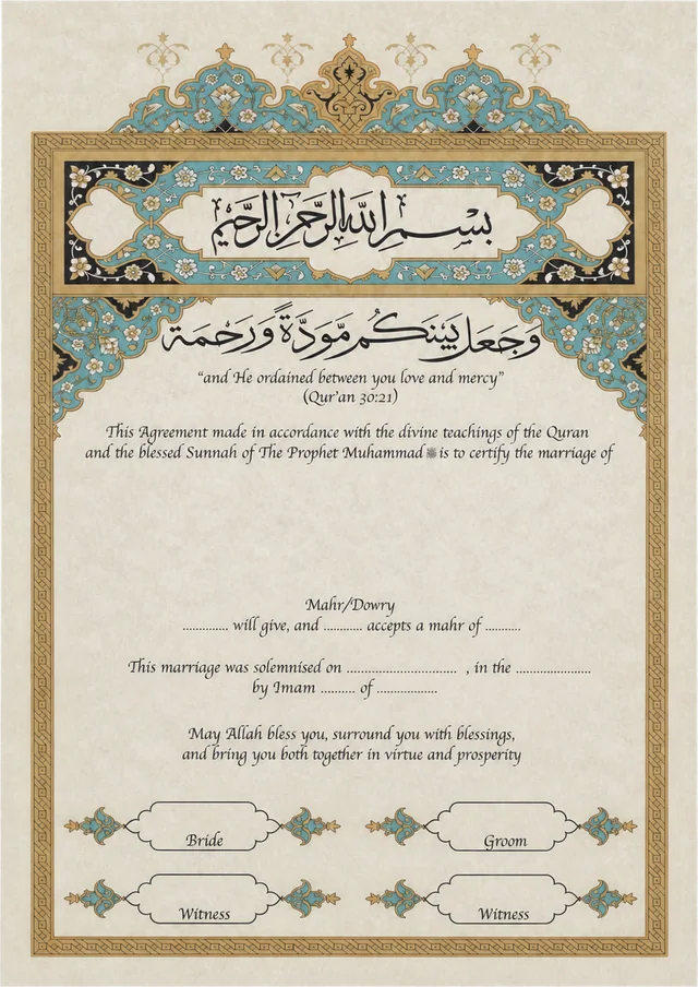 The Turquoise Covenant personalised printed nikah certificate with turquoise and gold illumination