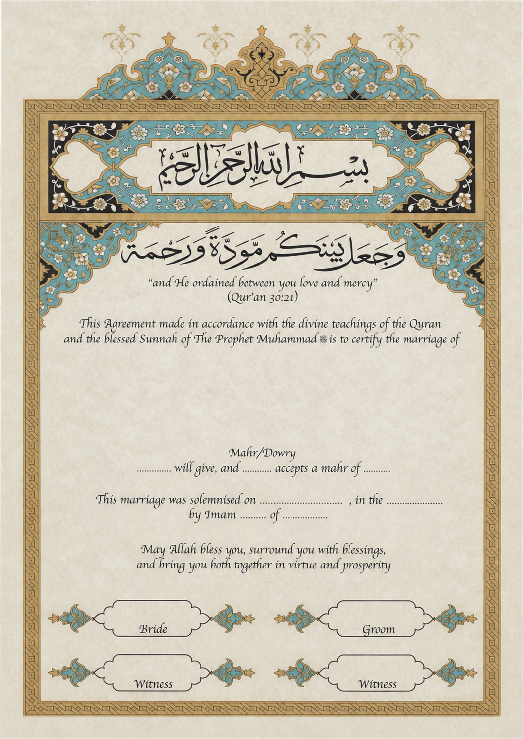 The Turquoise Covenant nikah-nama — sample personalised certificate
